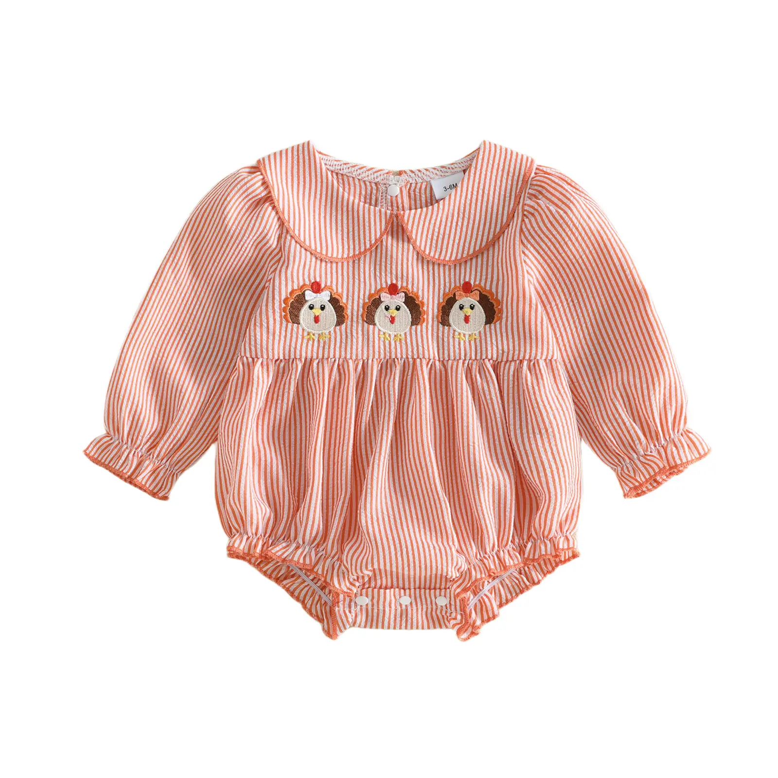 Infant Baby Girl Thanksgiving Bubble Romper Striped Turkey Embroidered Long Sleeve Doll Collar Ruffle Bodysuit Cute Fall Clothes 0-18 Months