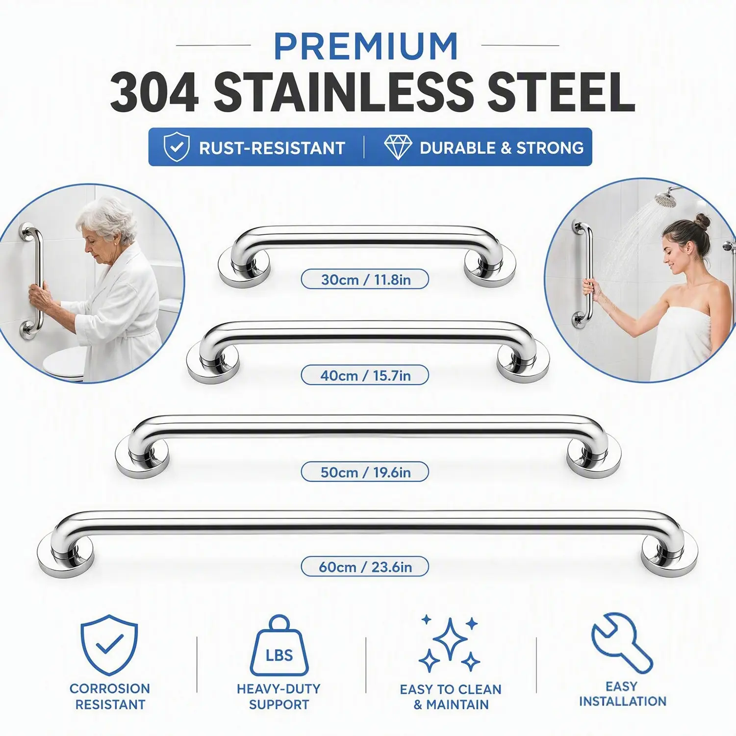 304 Stainless Steel Wall Mount Bathroom Safety Grab Bar - Solid Metal Non-Slip Rail for Bathtub, Shower - Fall Prevention for Elderly User, towel holder wall mount