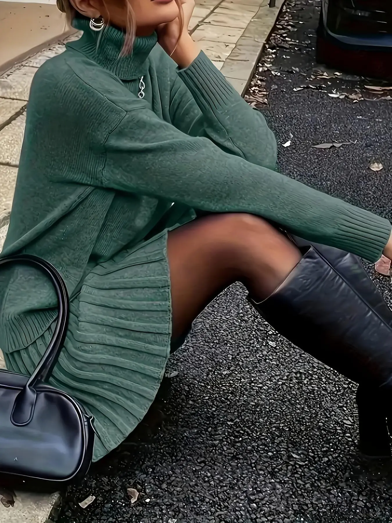 Women's Fashion Sweater Set, Elegant High Neck Sweater with Knit Short Skirt, Loose Fit Slimming Pleated Skirt, Fall Winter Two-Piece Clothes