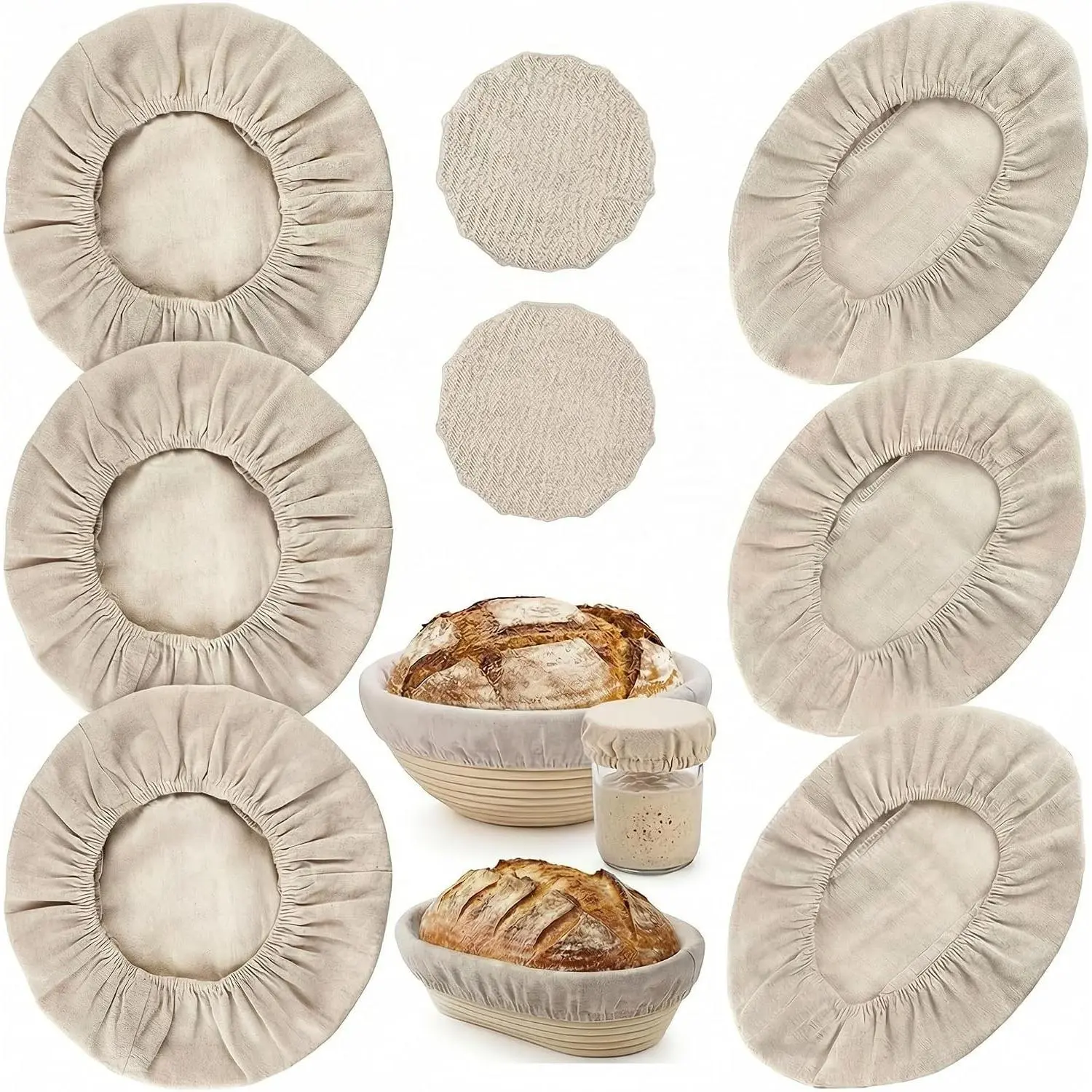 8 PCS Bread Proofing Basket Cloth Liner (3 Round & 3 Oval) & 2 Sourdough Starter Jar Covers, 10 Inch Banneton Basket Cover for Sourdough Baking, Reusable Dough Bowl Liner (Combo)