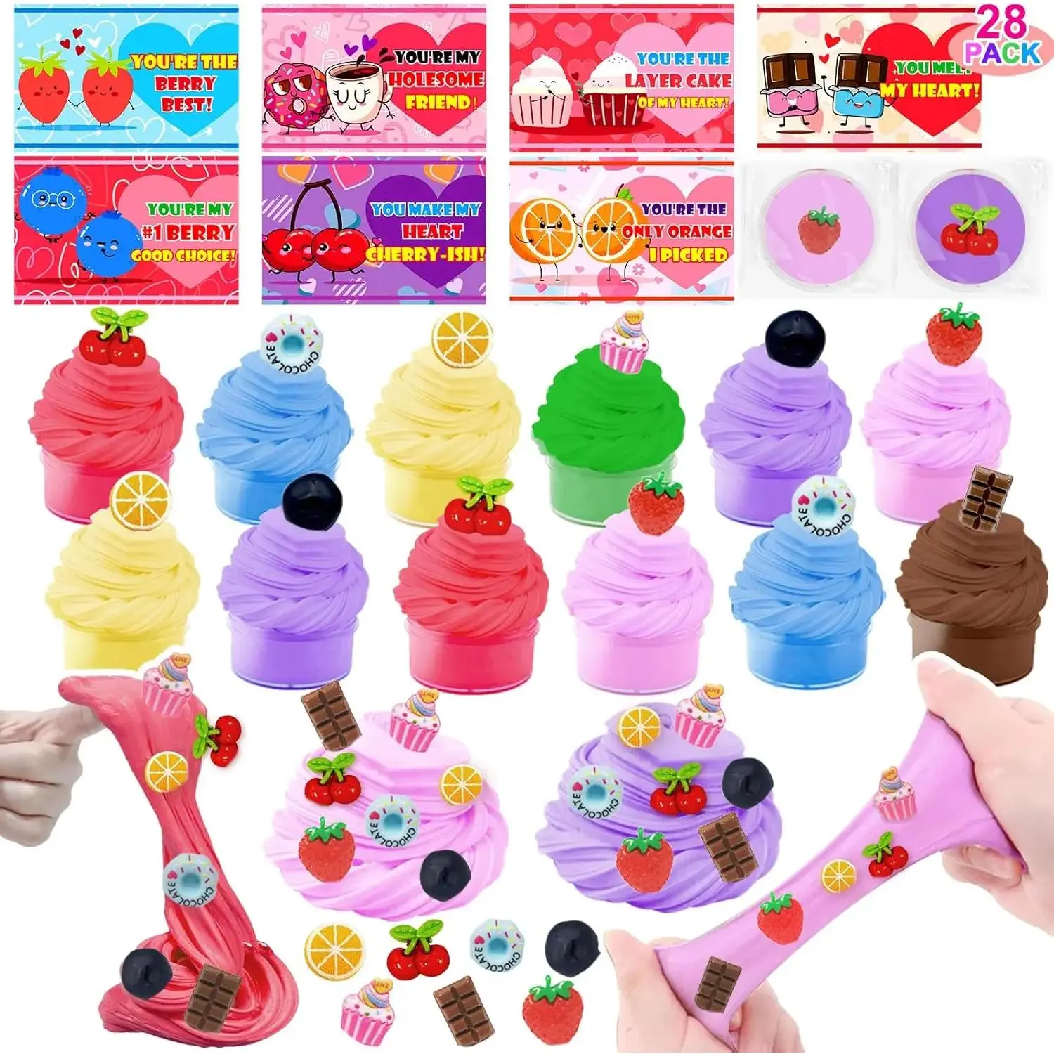 28-Pack Valentine's Day Cards with 2.4*1 Inch Butter Slime Toys, 7-Color Slime & 4 Each Fruit Dessert Charms, Stress Relief Gifts for Kids, Classroom Exchange, Halloween Parties Birthdays Prizes for Children Adults