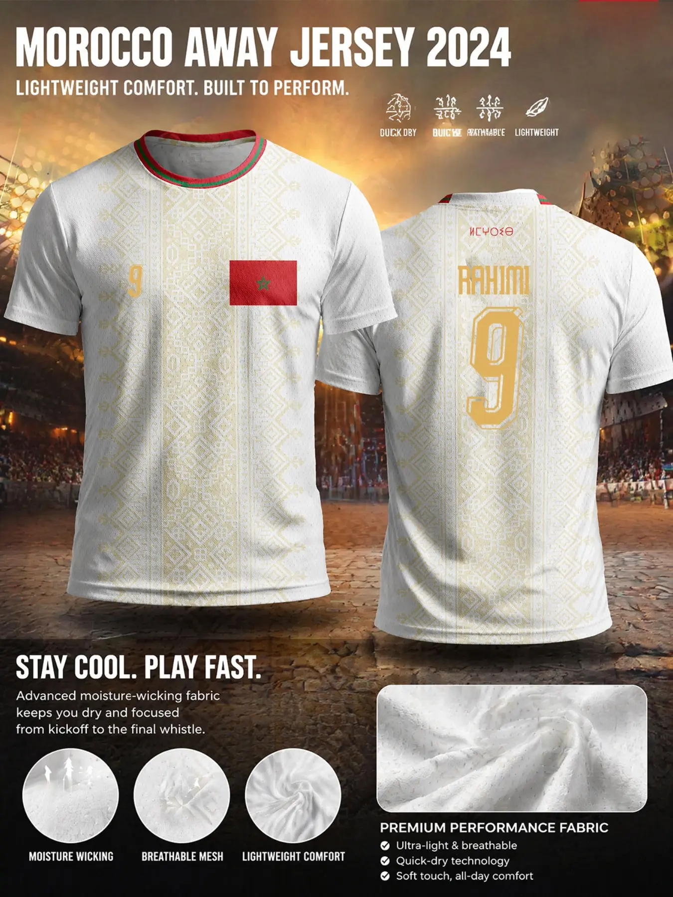 Moroccan Away Soccer Jersey, Sport Jersey, Ethnic Pattern Quick-Dry Mesh, Lightweight Breathable Sweat-Wicking, All Seasons Casual T-Shirt
