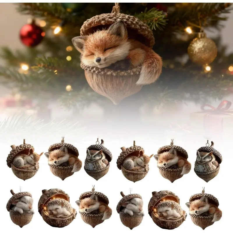 Forest Animal Acorn Ornaments – Cozy Forest Christmas Ornaments, 2025 New Pine Cone Decoration, Woodland Creature Figurine, Acrylic Hanging Ornament Home Party Décor (Animal - 2 Set)