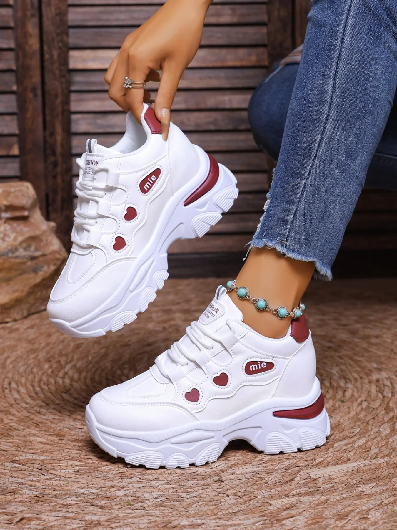 Women's Heart Hollow Out Dad Shoes, Waterproof PU Leather, Anti-Slip Shock Absorption, Casual All-Season Sneakers for Daily Wear