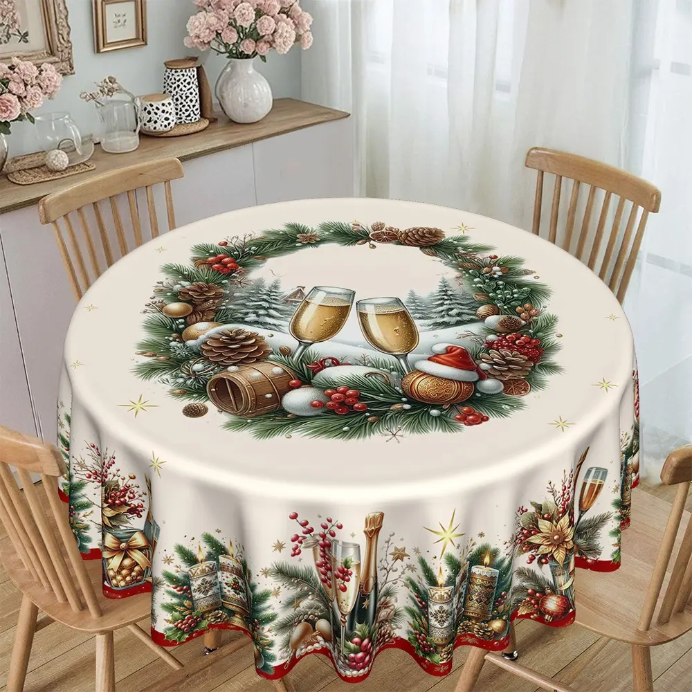 Christmas Floral Wreath Print Round Tablecloth, 120g/m² Polyester, Furniture Protector, Party Decor, Hotel Restaurant Home Use