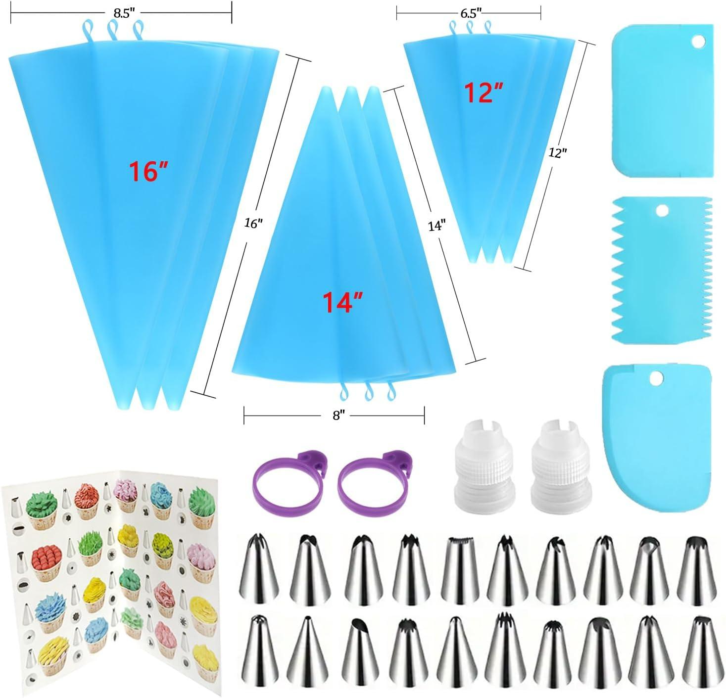 Reusable Piping Bags & Tips Set – 3 Sizes Silicone Pastry Bags (12’’+14’’+16’’) with Icing & Frosting Tips, Complete Cake Decorating Kit for Cupcakes, Cookies, Deviled Eggs & Baking Accessories