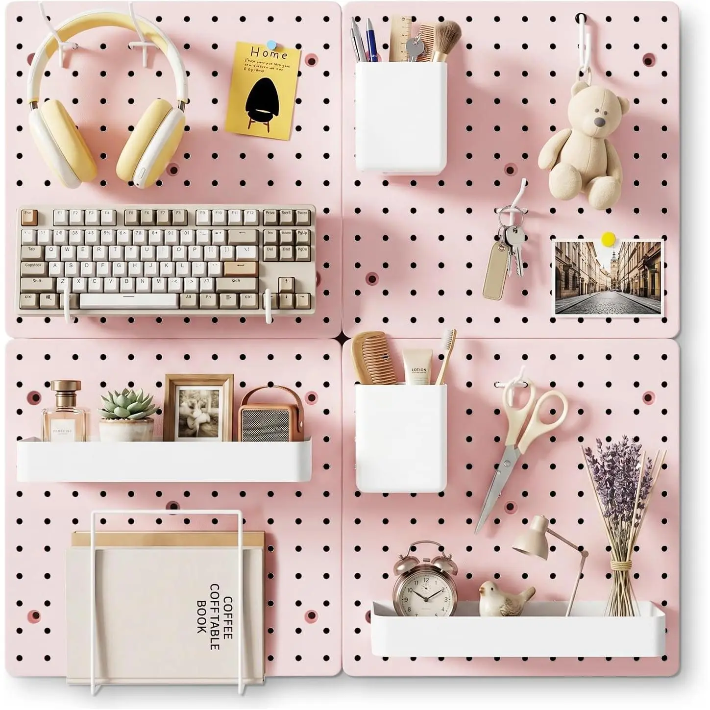 Peg Board Wall Organizer, 12" x 12" Modular Plastic Pegboard Display Panels for Office, Bedroom &  Decor, Wall Mount Storage Kit with Hooks & Shelves (4 Panels)