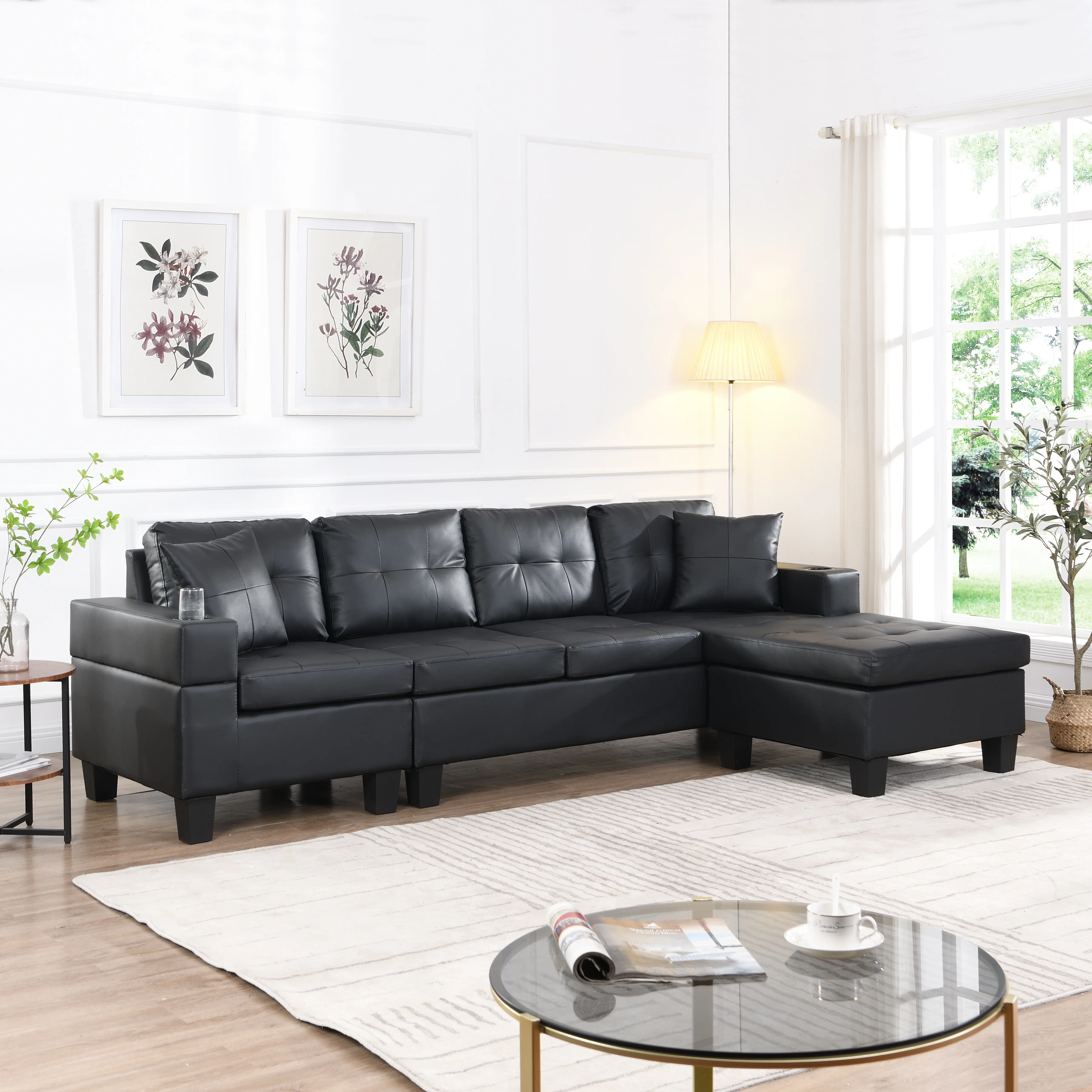 ARCH Modern L-Shape Sectional Sofa Set for Living Room with Chaise Lounge, Cup Holder, Left or Right Hand Chaise, 4-Seat Upholstered Couch, Black Fabric Sofa Set with Ottoman, Family Room Furniture, Living Room Furniture for Apartment, Lounge