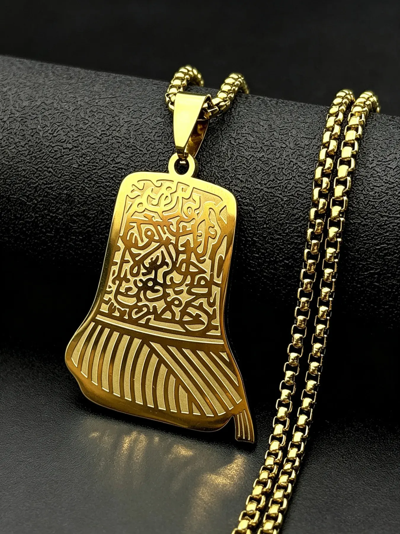 Muslim Islamic Quran Keffiyeh Shape Pendant Necklace for Women Men Stainless Steel Gold Color Arabic Ethnic Chain Jewelry Gift