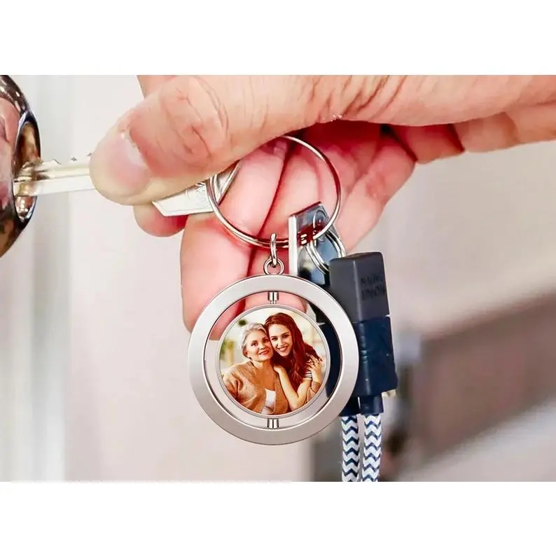 Personalized Double Sided Photo Keychain, Spinning Memorial Keepsake, Personalized Keychain Picture Engraved Gift for Dad Accessary, Valentine's Day gift, Couple's gift