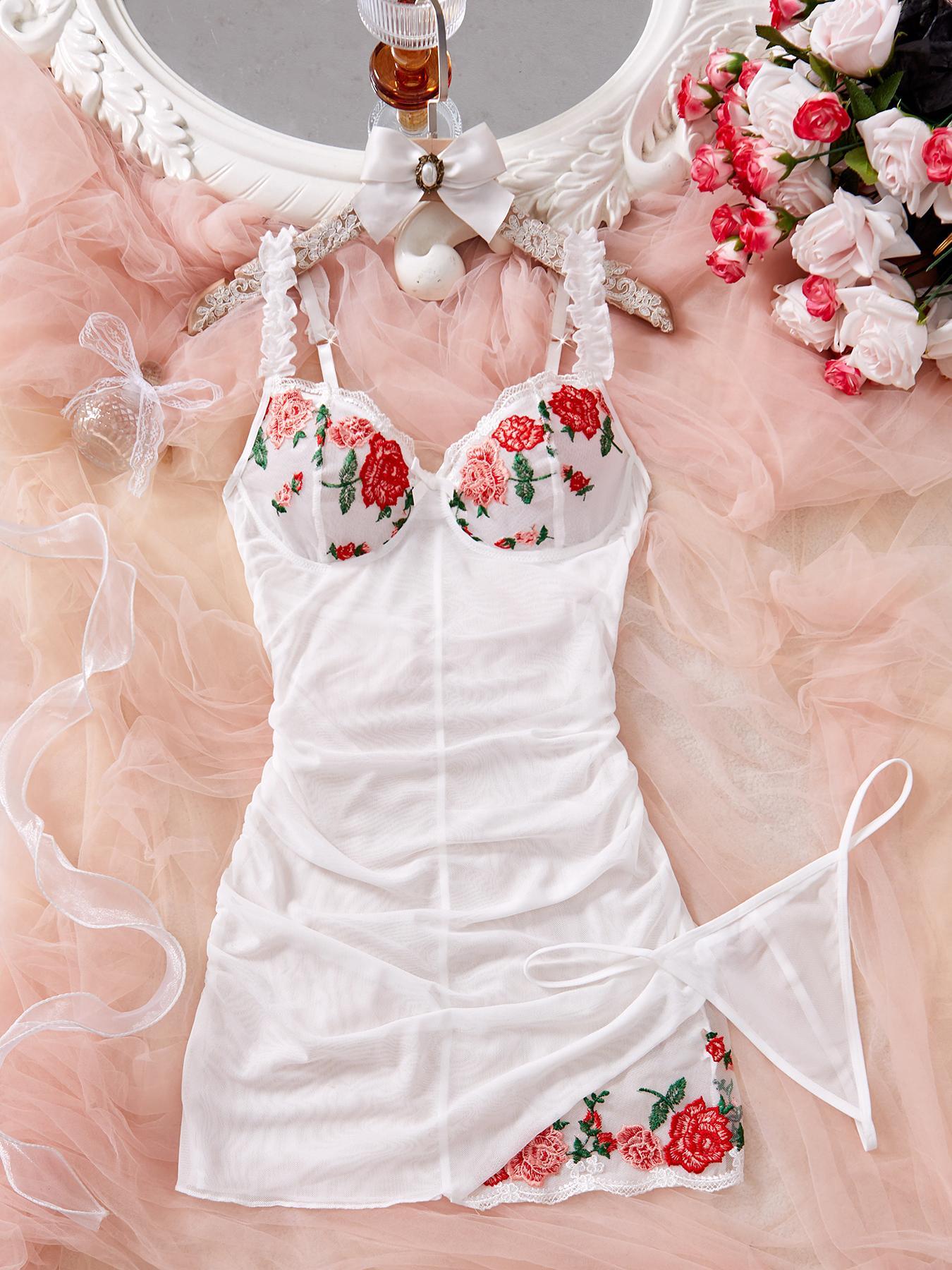 Women's Elegant Casual Homewear 2-Piece Set, Rose Embroidery Floral, Adjustable Thin Straps, Lightweight Semi-Transparent Fabric, All Seasons