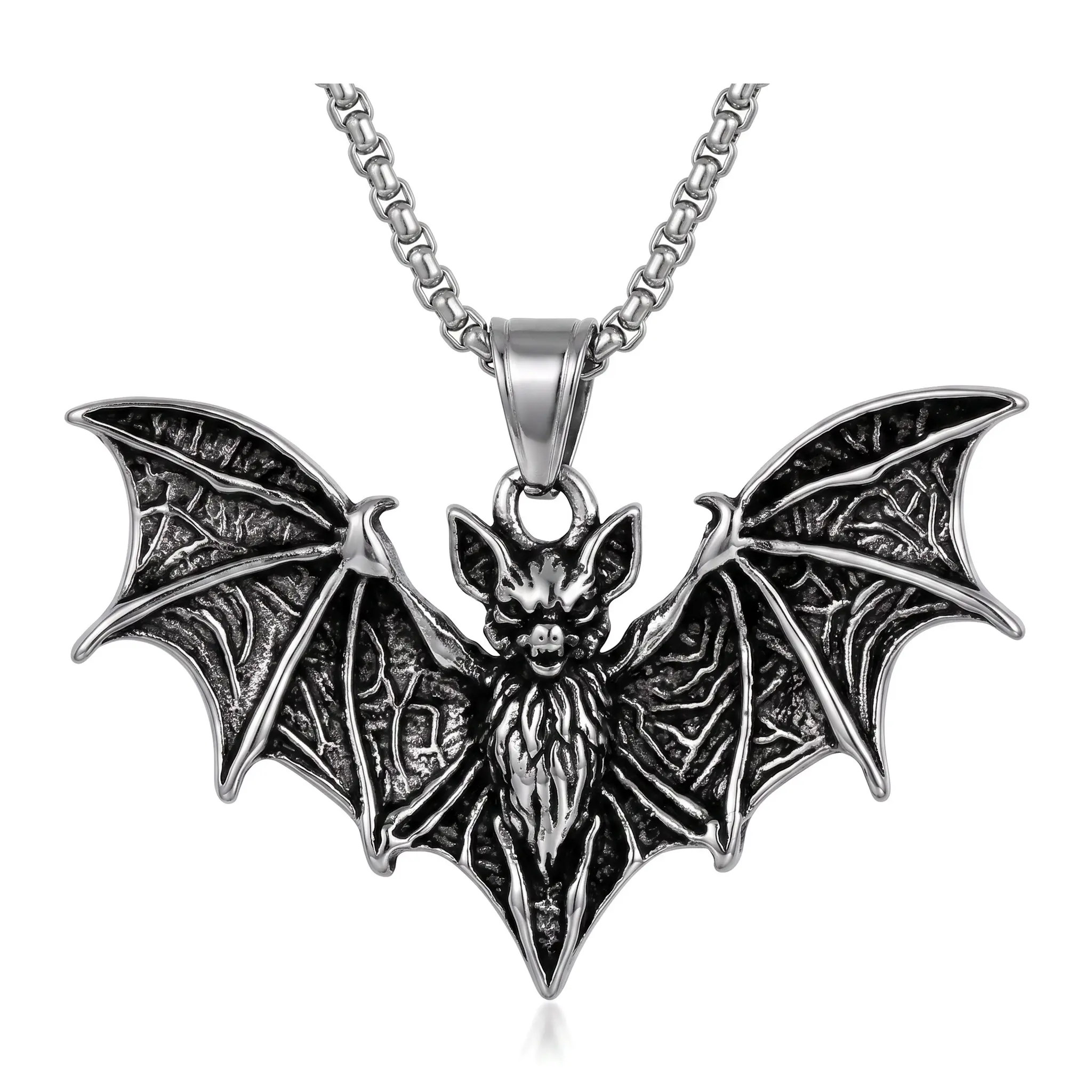 Stainless Steel (Titanium Steel) Bat Pendant Necklace with Adjustable Box Chain - Gothic Dark-Style Animal Jewelry, Lightweight Electroplated Bat Motif for Halloween Cosplay & Everyday Wear