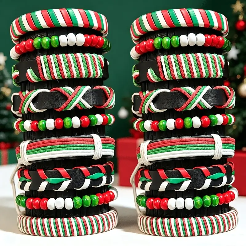 16Pcs Christmas Theme PU Leather Beaded Braided Bracelets - Stackable Suitable for Women & Men, Red/Green/White Wristbands, Braided Bead for Holiday Parties, Festive Costume Jewelry Gift for Teens, Year-Round Wear