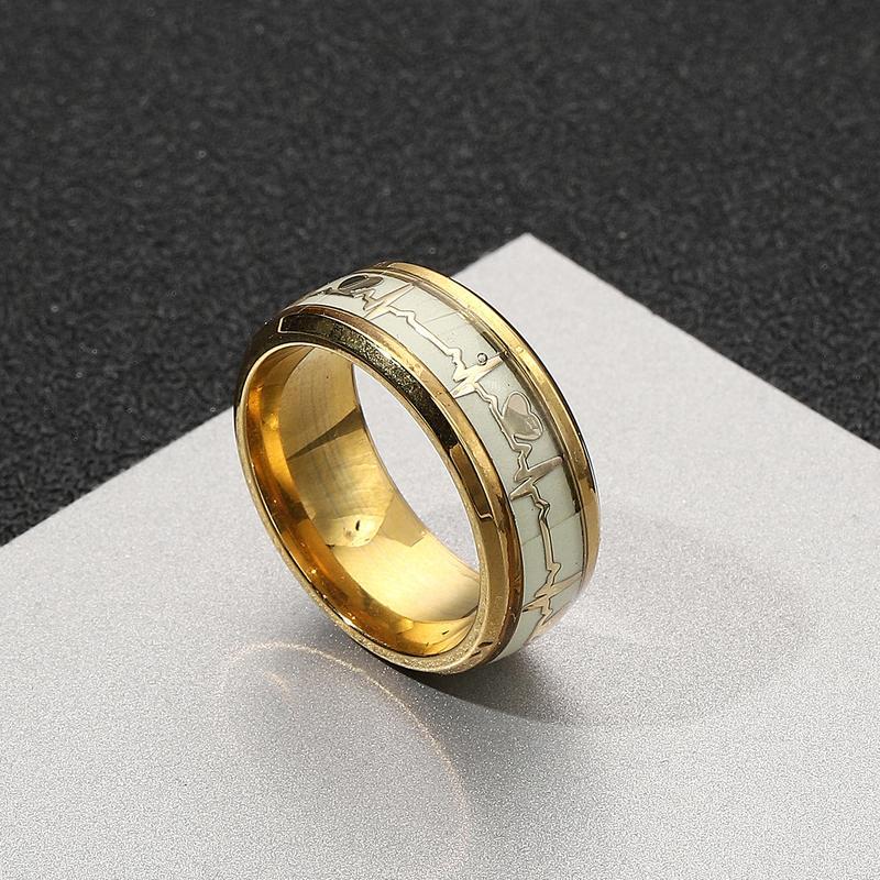 Luminous Fluorescent Titanium Steel Ring – Electrocardiogram Heartbeat Design  Green Glow Stainless Steel Couple Love Ring, Romantic Jewelry