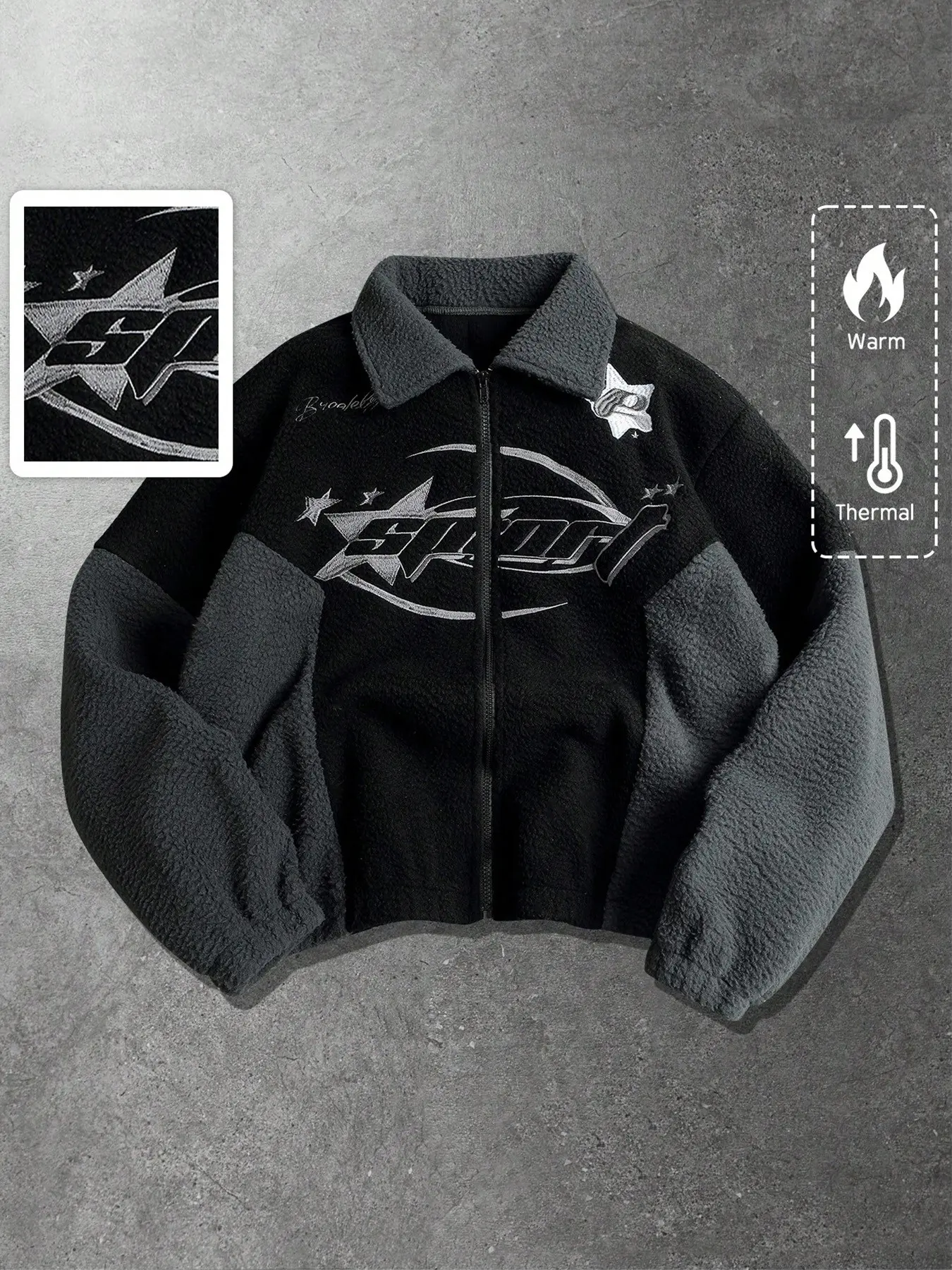 Vintage Sports Star Letter Embroidery Colorblock Fleece Zipper Jacket, Notch Short Warm Baseball Jacket, Elastic Sleeve Thick Streetwear Top