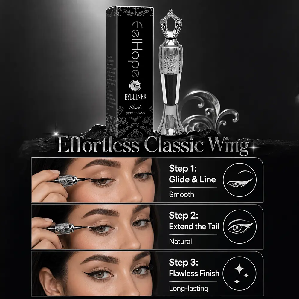 Black Eyeliner Powder with Wand, Long Lasting Smudge Proof Eye Liner, Smooth Highly Pigmented Dip Eyeliner for Sensitive Eyes, Moisturizing Kohl Style Eye Makeup Infused with Castor Oil & Vitamin E, Easy Application Natural Look