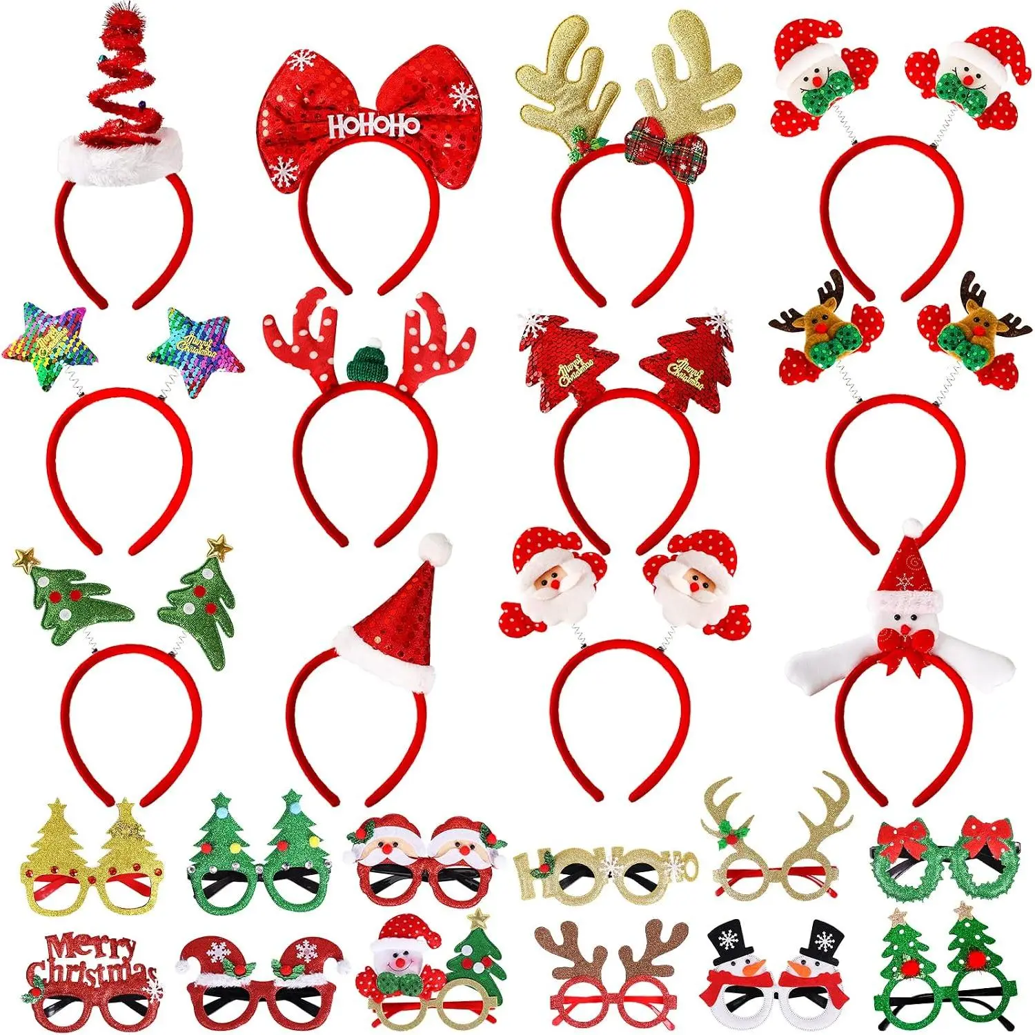 24 count Christmas Glasses Frame and Headbands Set Cute Christmas Decoration Accessories for Holiday Party Favors and Photo Booth