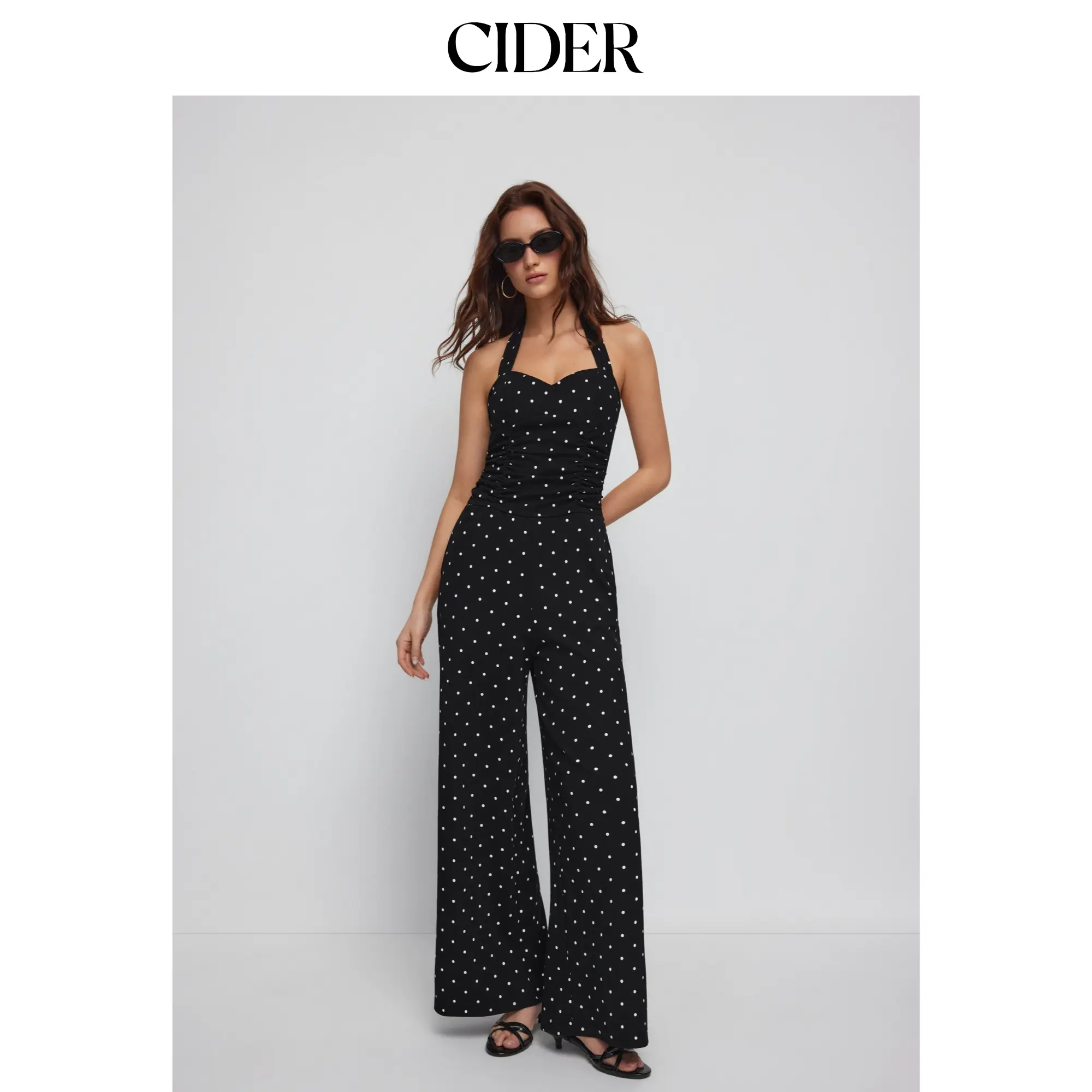 Cider High Stretch Cotton-blend V-neck Ruched Wide Leg Jumpsuit