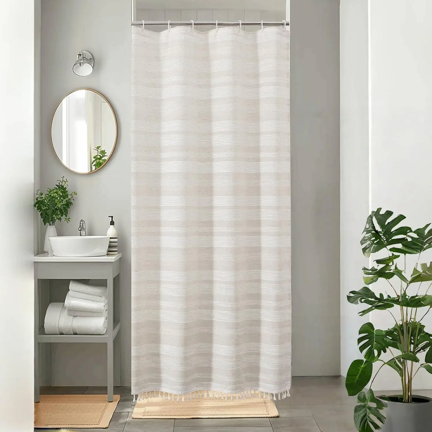 Bohemian Linen Cloth Shower Curtain with Lace - 36Wx72L Narrow Soft Striped Textured Tassel Design, Modern Farmhouse Machine Washable Bath Decor, Easy Installation Privacy Screen