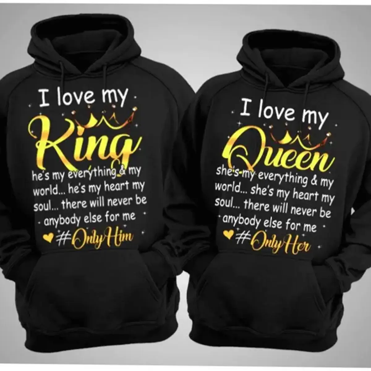 Unisex Couple Matching Hoodies & Tops Set - Menswear Long Sleeve King/Queen Text Graphic Pullover, Valentine’s Day Personalized Casual Streetwear Outfit for Men & Women, Matching Set, Oversize