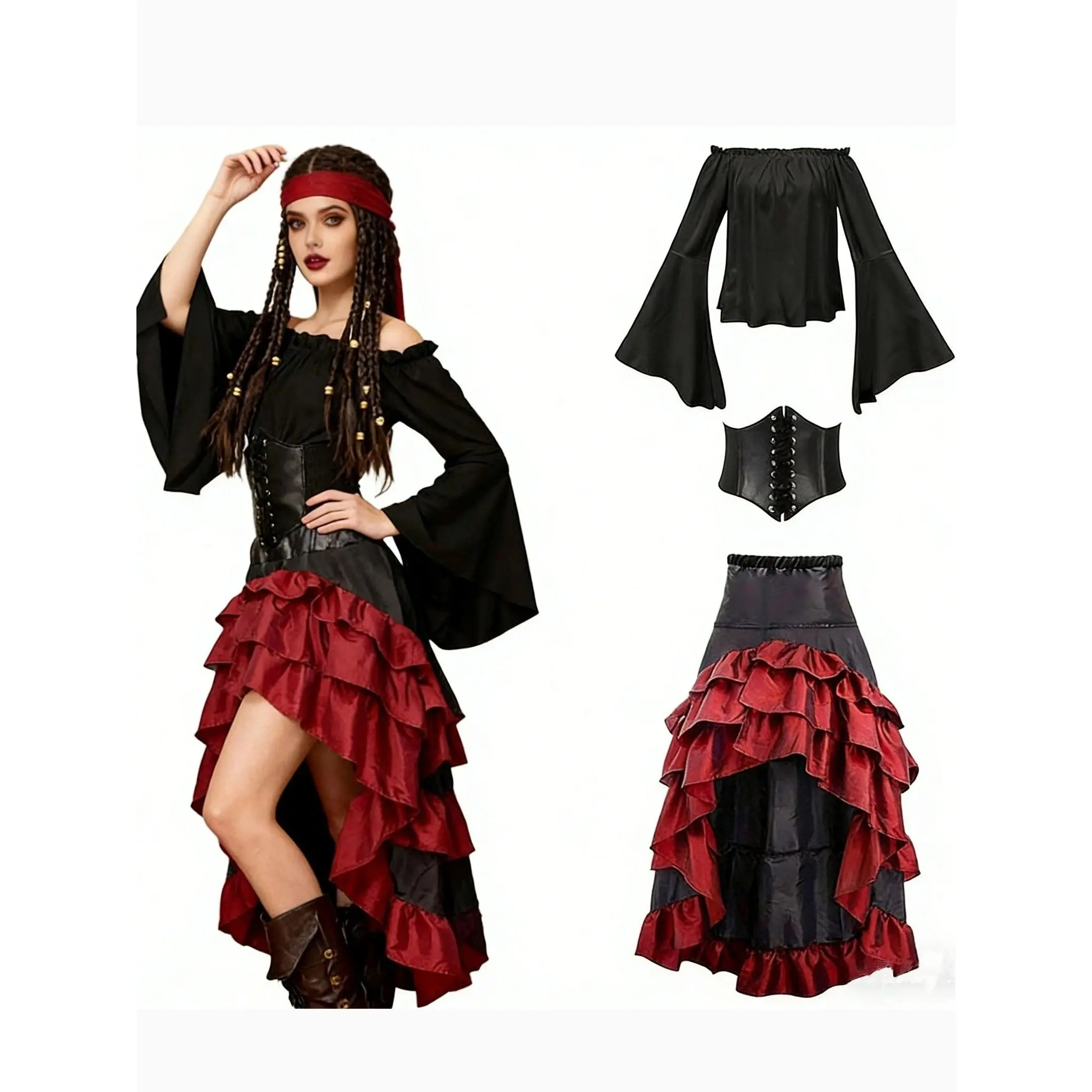 A Three-Piece Set of Medieval Renaissance Tailcoat, Shirt, And Embroidered Corset for Somali Pirates, Perfect for Halloween Pirate Performances, Suitable for Halloween, Themed Parties, And Masquerade Balls