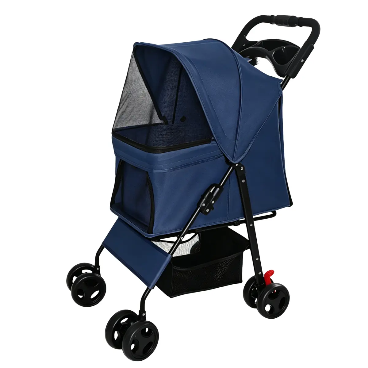 Carbon Steel Foldable Pet Stroller for Small Dogs & Cats Under 28lbs - Folds Easily, Leash Secure, Multi-Functional Tray, 2 Safety Leashes, Storage Basket, Breathable Mesh, 4 Wheels, Blue