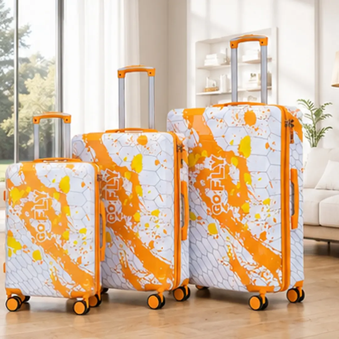 20/24/28 Inch 3-Piece PC Spinner Wheel Luggage Set, Carry-On Suitcase with Combination Lock, Printed Pattern, Honeycomb Texture, Orange/Black/Blue/Pink Color Options, Durable Waterproof Hard Shell Travel Bag for Vacation, Business, Weekend Trips