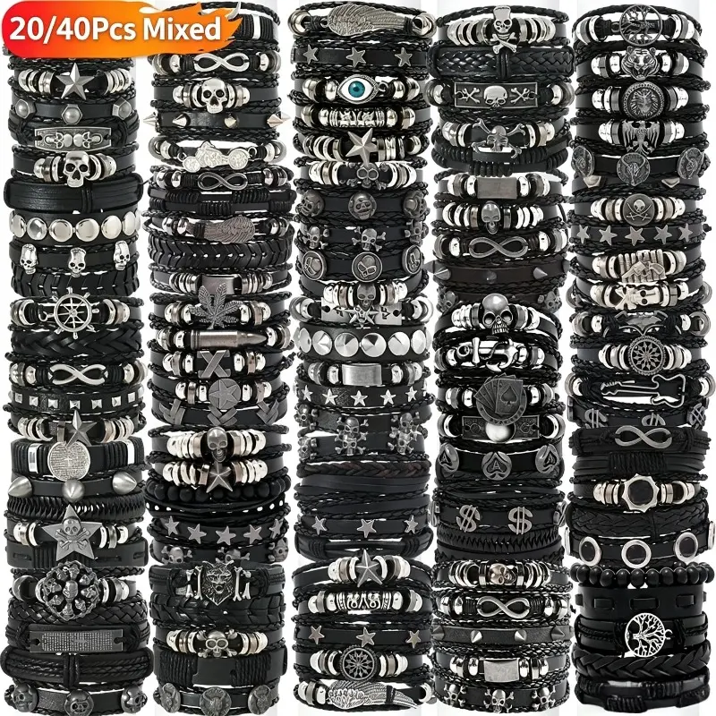 20/40pcs Multi-layer PU Leather Skull Motif Bracelets for Men, Punk Hip-hop Style Stackable Punk Accessories, Vintage Black Bangles, Cool Design, Suitable for Concerts, Ideal Festival Gifts, Hip-Hop Punk