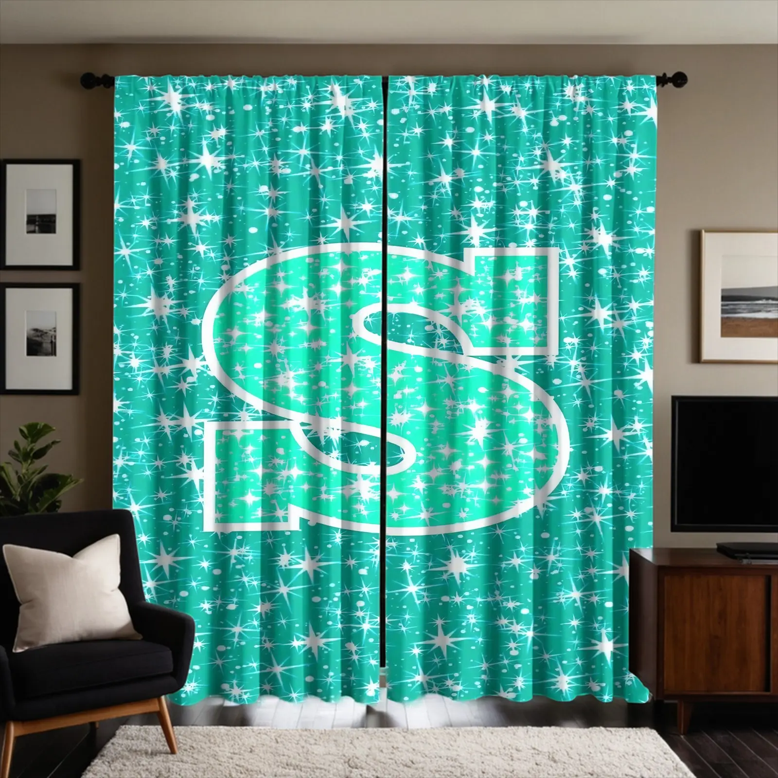 Sparkling Star And Letter "S" Pattern Printed Curtains (2-Piece Set), Semi Blackout Curtains Made Of Brushed Fabric (Considering Privacy Protection), Fade Resistant, Pole Style Design; Suitable For Bedroom And Living Room Decoration. Machine Washable