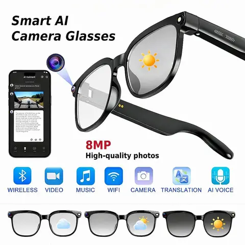 Multifunctional AI Smart Glasses with Camera - Sun-Proof Photochromic Lenses, 8MP, Button-Touch Control, 160+ Languages Real-Time Translation, Bluetooth Wearable, UV Protection, Hands-Free Photo/Video Recording, Outdoor Gadget, Unique Gift for Men