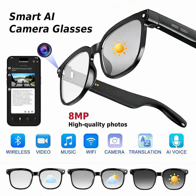 Multifunctional AI Smart Glasses with Camera - Sun-Proof Photochromic Lenses, 8MP, Button-Touch Control, 160+ Languages Real-Time Translation, Bluetooth Wearable, UV Protection, Hands-Free Photo/Video Recording, Outdoor Gadget, Unique Gift for Men
