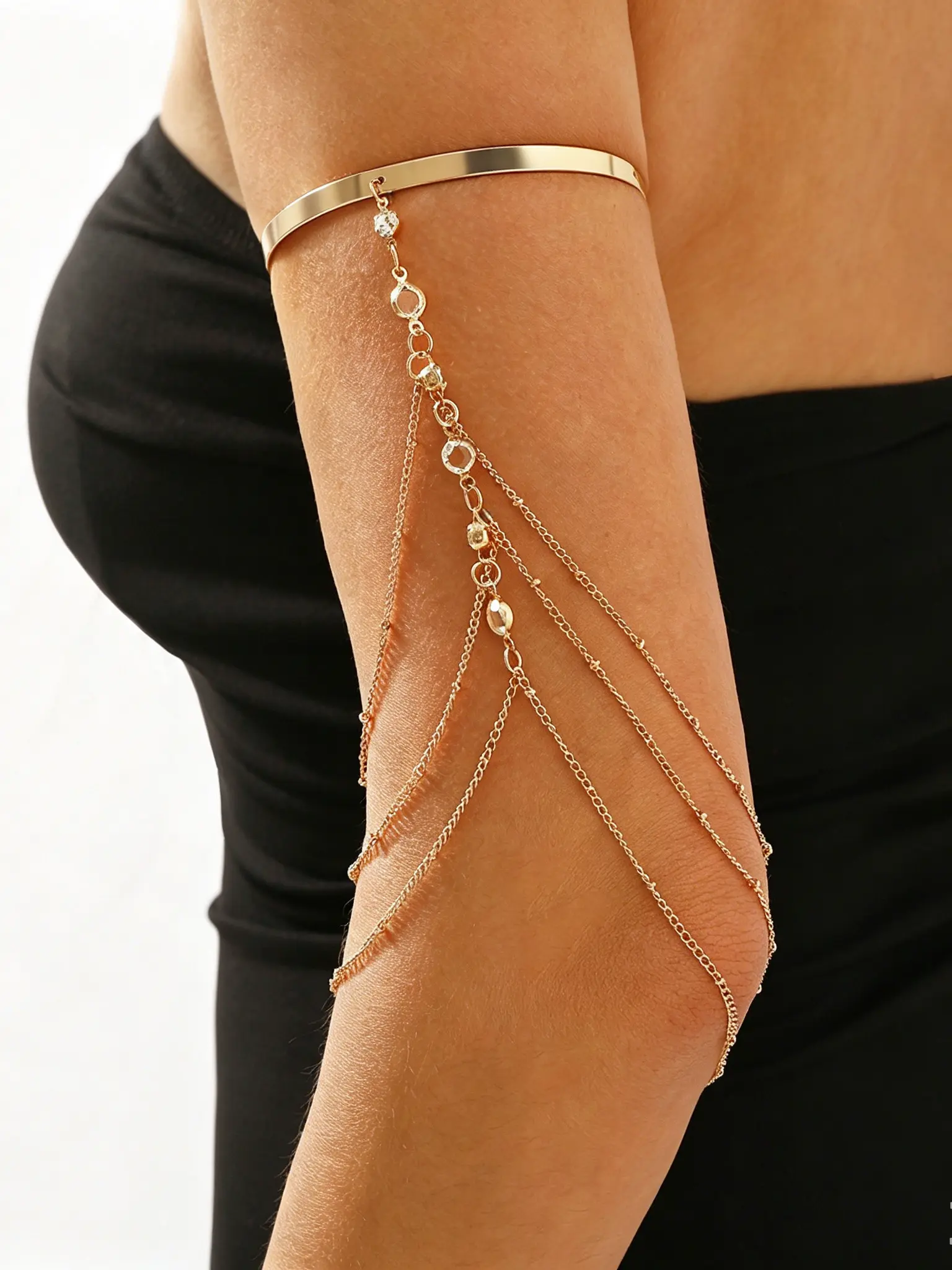 Adjustable Open Arm Cuff with Tassel Chain, Rhinestone Layered Upper Arm Bracelet, Crystal Inspired, Boho chic arm jewelry for women, layered chain armband for party and daily streetwear, Shiny crystal dangling arm cuff, lightweight body accessory
