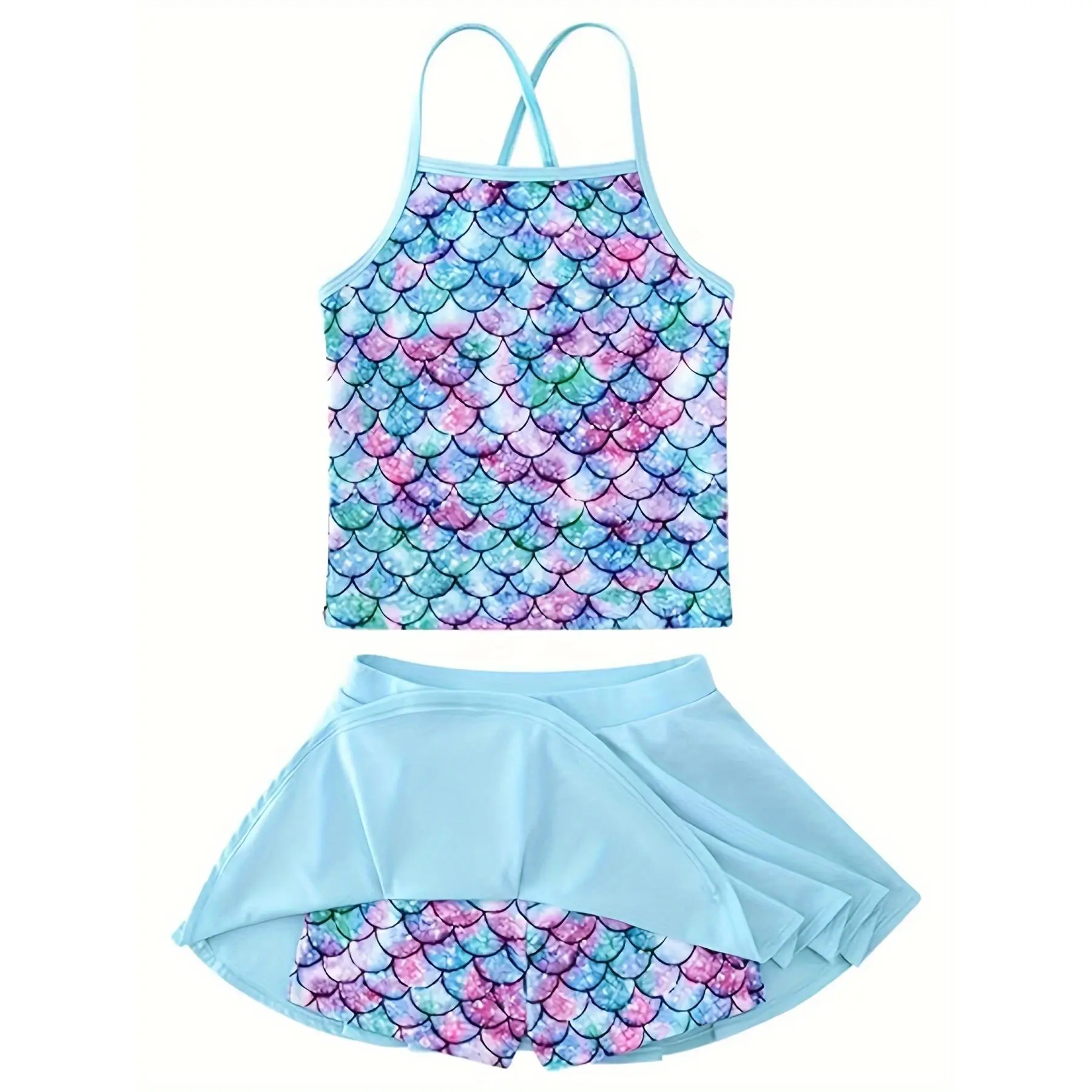 Mermaid Print Girls' Tankini Two-Piece Swimsuit with Built-in Shorts and Adjustable Straps, Summer Beach Swimwear