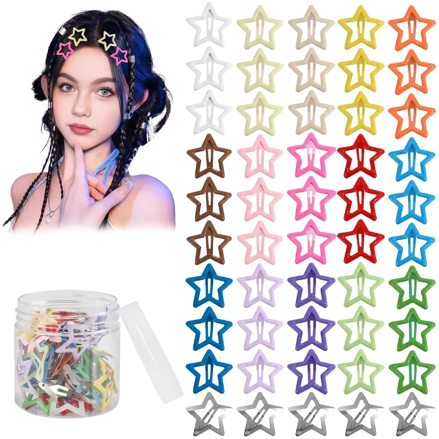 Women's Colorful Star Metal Non-Slip Snap Hair Clips and Barrettes - 50Pcs Metal Clips, Colorful Stars
