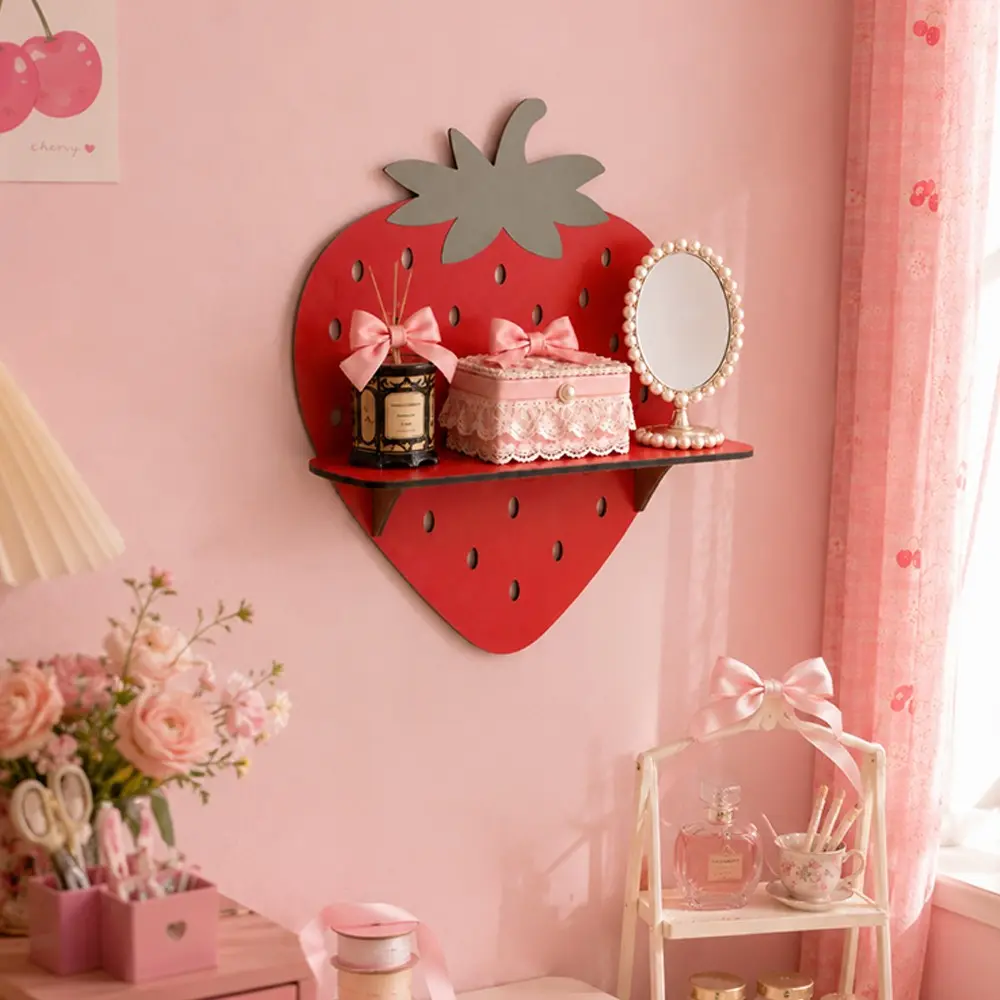 Cute Strawberry Wall Mount Organizer, Home Decor Storage Rack, Bedroom Floating Shelf for Makeup Dolls, Cosmetic Holder, Wall-Mounted Display Stand, Room Accessories