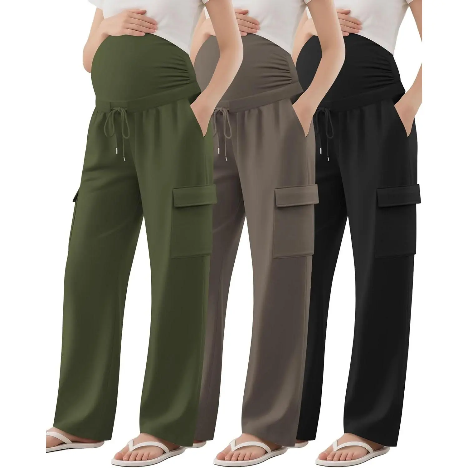 3 Pack Maternity Cargo Pants | 4 Pockets, Over The Belly, Side Ruched, Drawstring, Pregnancy, Sweatpants, Casual, Lounge, Work, Travel, Daily Wear, Women