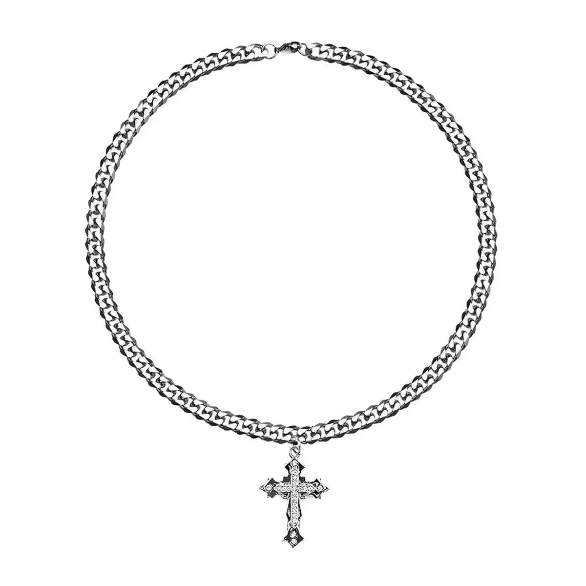 Men’s Silver Titanium Steel Cross Pendant Necklace - 21.7 in/23.6 In / 60 Cm Cuban or Round Chain, Christian Cross Necklaces, Faith-Inspired Statement Jewelry Gift for Hip Hop Streetwear Enthusiasts