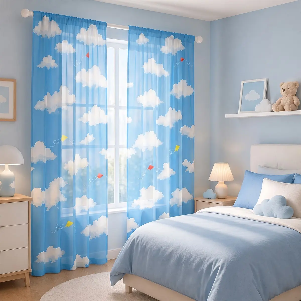 2-piece blue sky cloud kite children's curtains, fresh and fun, semi-blackout curtains for boys and girls' bedrooms, pocket rod installation, polyester material, suitable for living room, kitchen, bedroom, study, etc.
