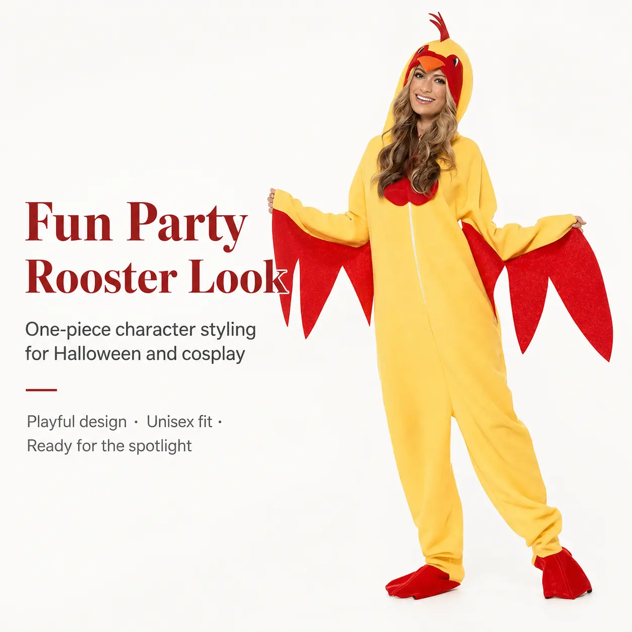 Adult Fleece Rooster Costume, Funny Unisex Hooded 1-Piece Jumpsuit with Zipper for Halloween Cosplay Party, Clothes, Accessories, Fabric