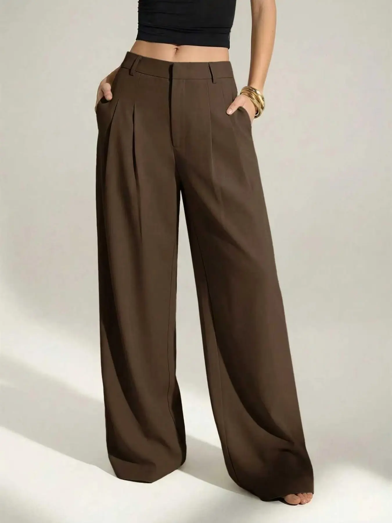 Women's Plain Mid-Waist Buttoned Pleated High Waist Wide Leg Pants Bottoms, Loose-Fitting Business Casual Trousers for All Seasons
