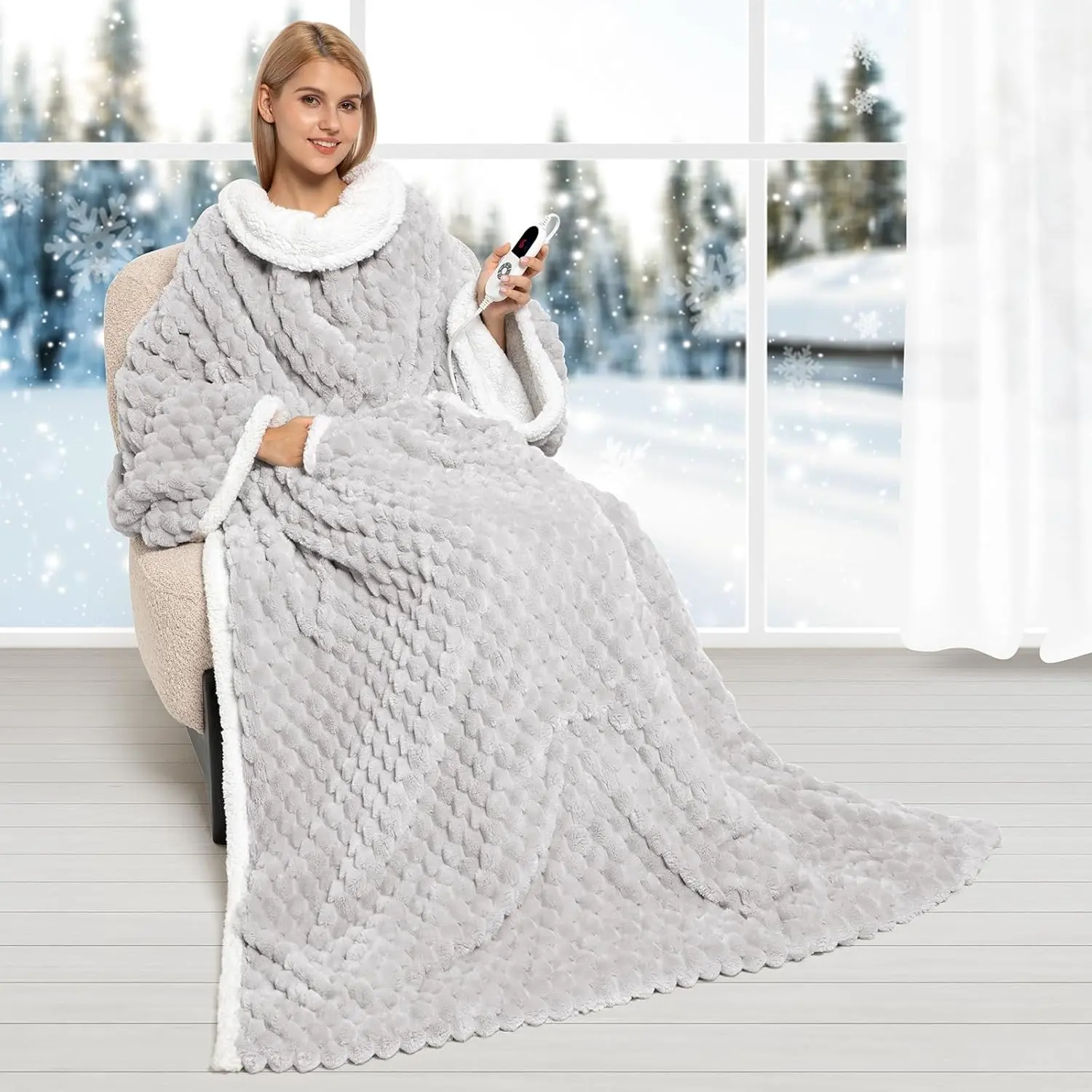 Electric Blanket Heated Throw, Soft Flannel & Sherpa Wearable Heated Blanket with Sleeves, Heating Wearable Blanket with 6 Heating & 12H Auto Off, ETL Certified, Home Office Use 52x72 Inch, Grey Plaid