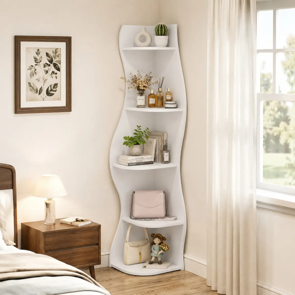Bookshelf Corner Shelf, 5-Tier S-Shaped Corner Shelf, Modern Freestanding Curved Display Rack, Space-Saving Corner Bookshelf Plant Stand for Living Room, Bedroom, Bathroom, Home Office