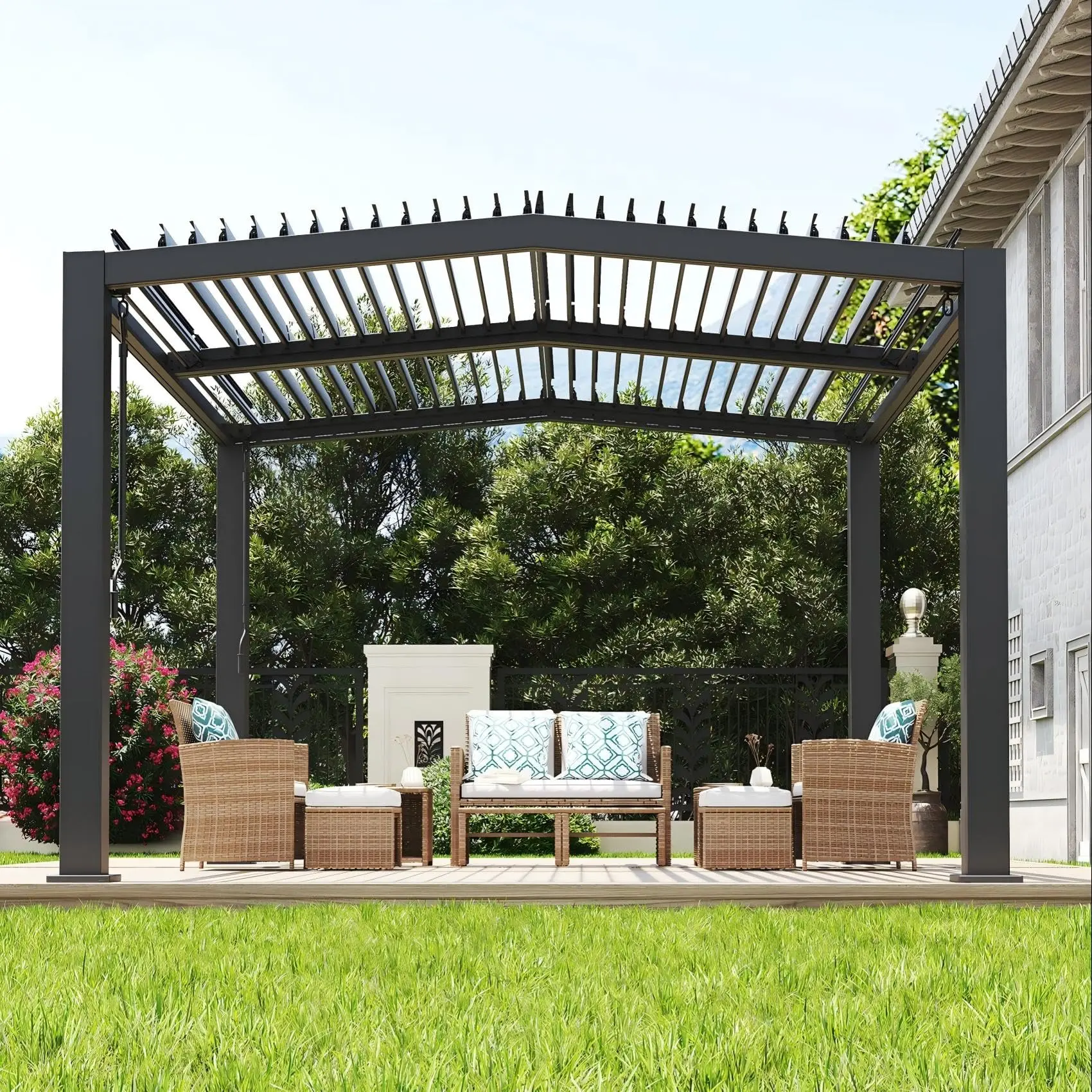 Adjustable Aluminum Louvered Pergola - Modern Hardtop Patio Gazebo with Reinforced Frame, Integrated Drainage, Weather-Resistant Shade Structure for Outdoor Deck, Backyard