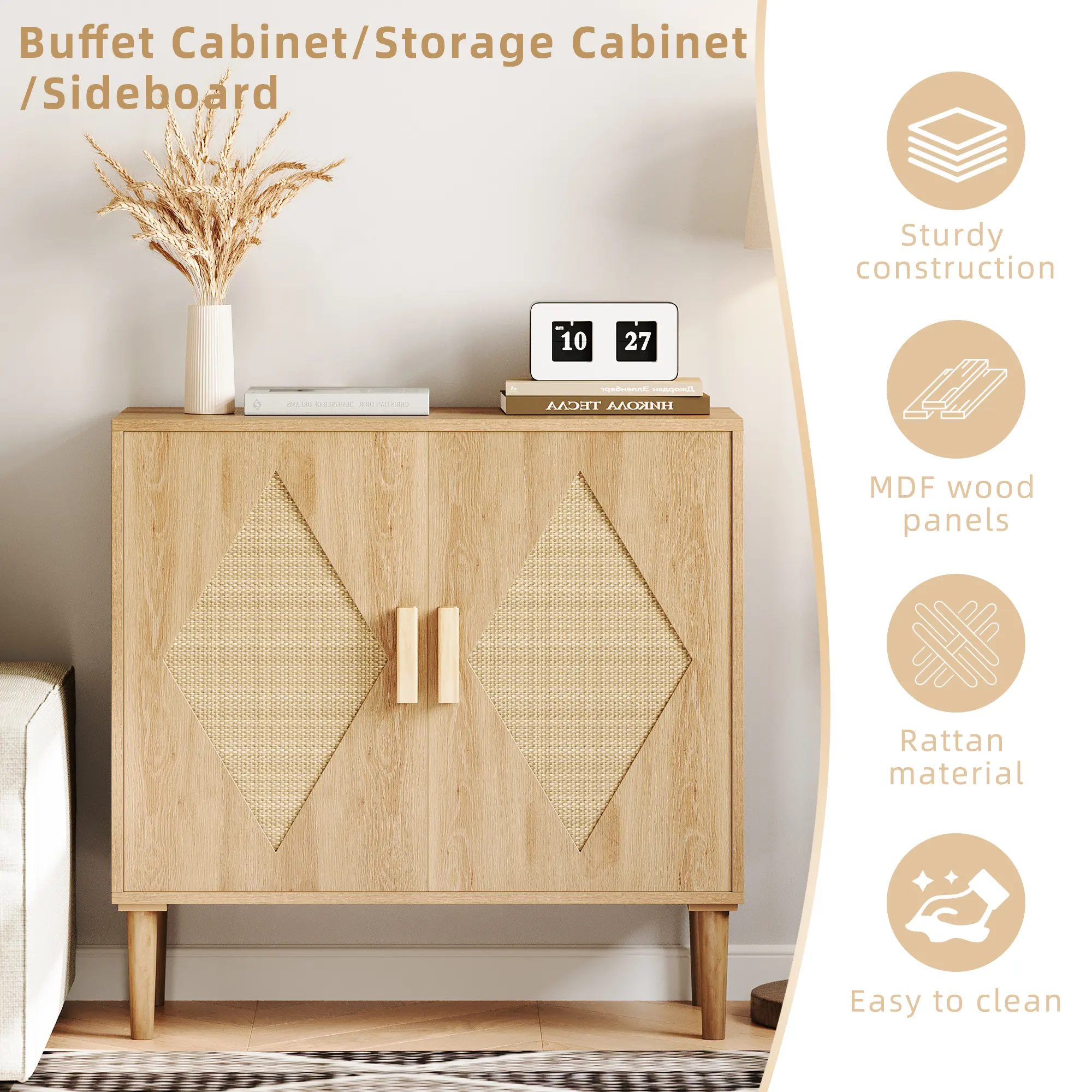 Boho‑Style Rattan Accent Credenza Cabinet, 31.5 Inch Wide Wooden Freestanding Buffet Storage Unit, 2 Cabinet Doors with Adjustable Inner Shelf, Multipurpose Sideboard for Living Room, Dining Room, Bedroom and Entryway
