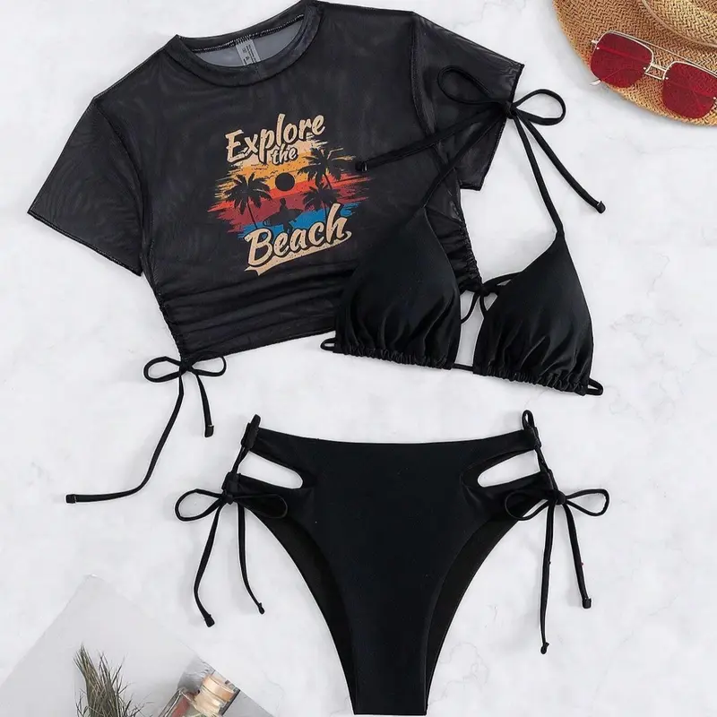 Women's Letter & Palm Tree Print Bikini Set, Sexy Halter Neck Triangle Swim Bra & Tie Side Swim Panty & Sheer Cover Up Top, Ladies Swimsuit for Beach Holiday Vacation, Swimwear Beach Outfits