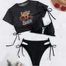 Women's Letter & Palm Tree Print Bikini Set, Sexy Halter Neck Triangle Swim Bra & Tie Side Swim Panty & Sheer Cover Up Top, Ladies Swimsuit for Beach Holiday Vacation, Swimwear Beach Outfits