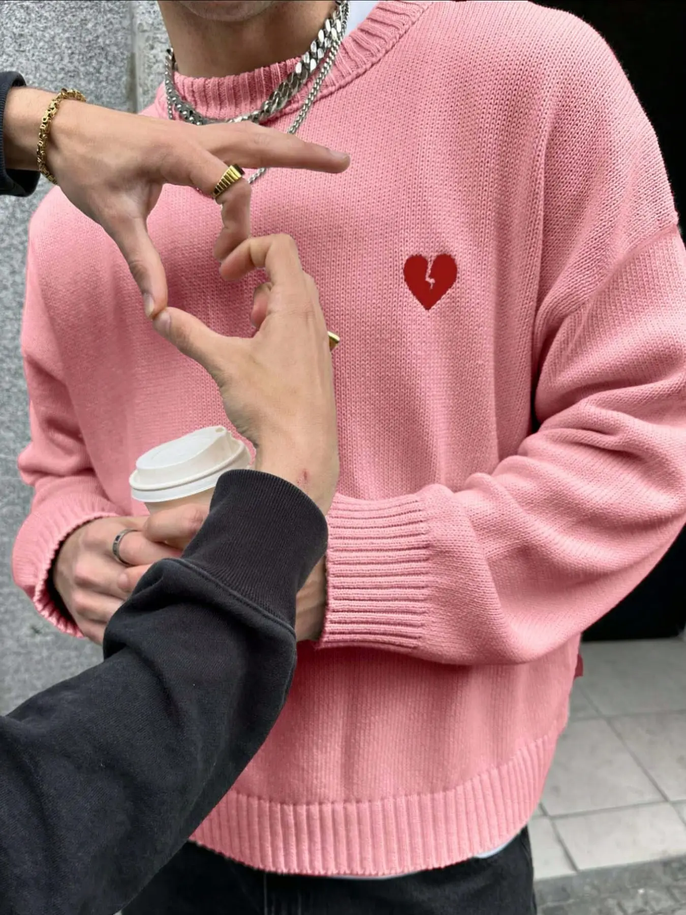 Men's Heart Embroidery Drop Shoulder Sweater, Loose Casual Long Sleeve Round Neck Streetwear Pullover Jumper for Fall & Winter, Fashion Men's Knitwear for Daily Wear