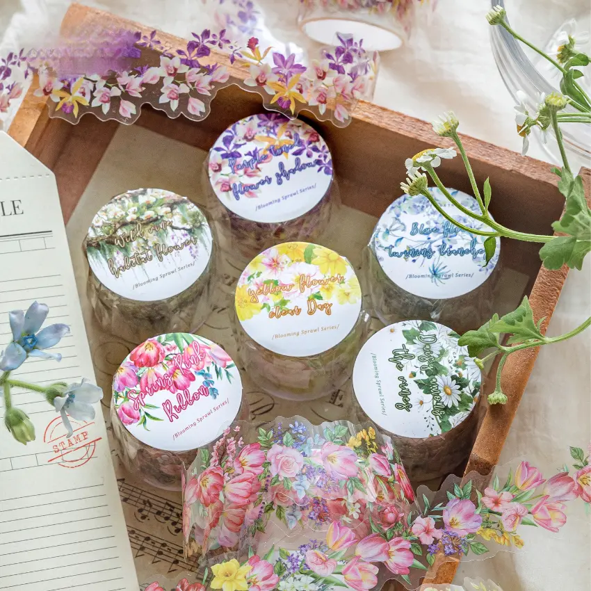 6 Pcs Vintage Alien-Style Polyethylene Terephthalate Waterproof Self-Adhesive Sticky Tape, Vine Watercolor Floral Pattern Retro Minimalist Long Strip Tape for Scrapbook Journal DIY Decoration (Office Stationery Supplies)