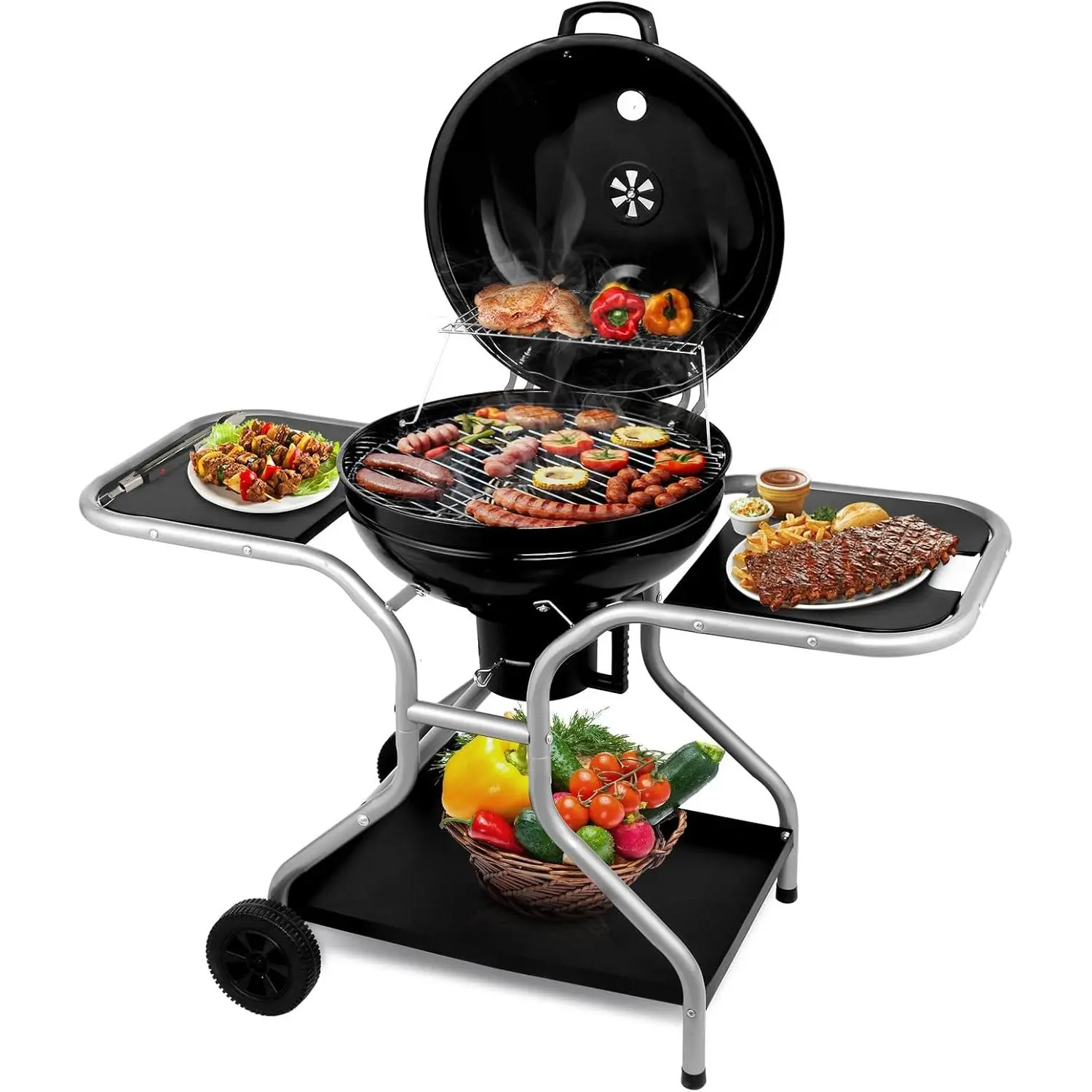 22-in Black Steel Kettle Charcoal Outdoor Grill with Cart, 2 Side Tables & Rack for Patio, Backyard BBQ Cooking, Square