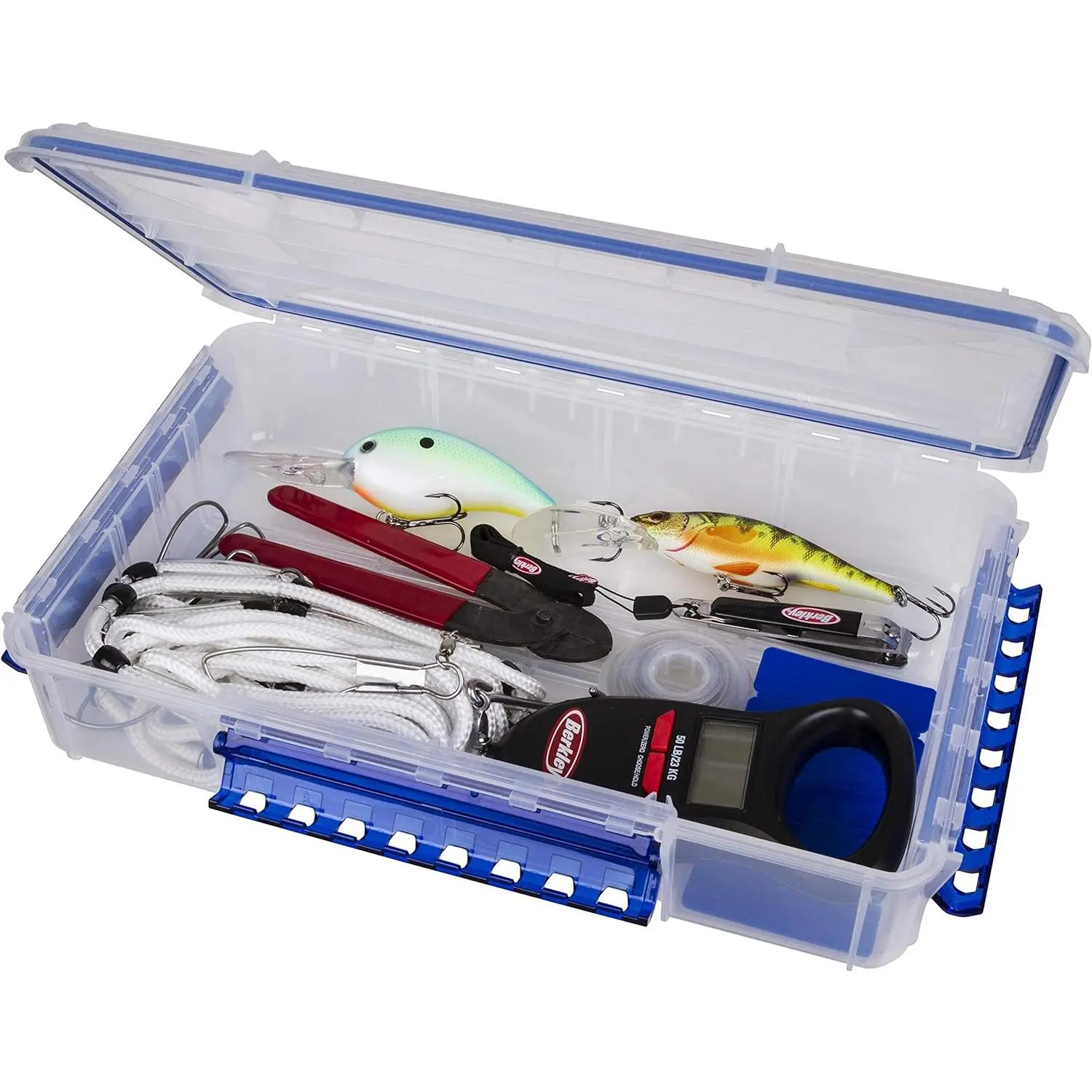 Waterproof Fishing Tackle Box, Translucent WP5000 Series Gear Storage for Fishermen - 14" L x 8.9" W x 3.02" D Double Deep, 5 Years Lasting Rust Defense Tab Latch, O-Ring Gasket Seal for Lures, Saltwater Gear, Gear Storage Box